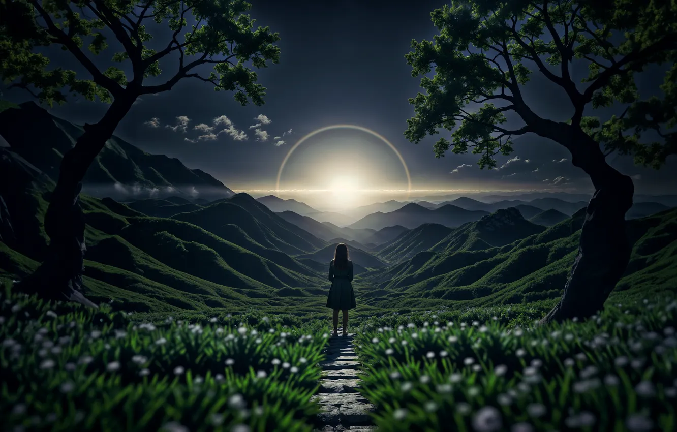 Photo wallpaper the sky, girl, light, trees, landscape, flowers, mountains, night