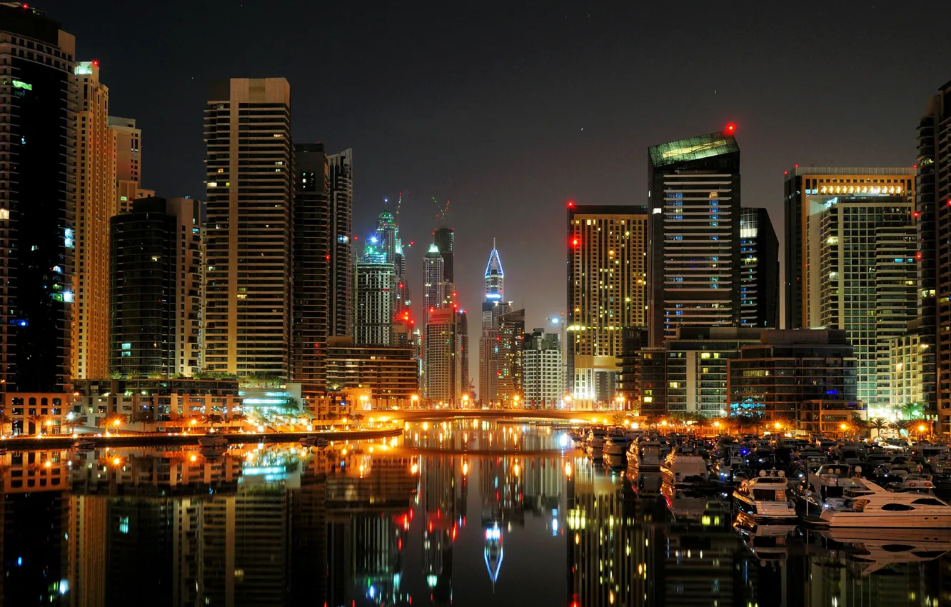 Photo wallpaper night, city, yachts, port, Dubai, boats, Dubai, skyscrapers