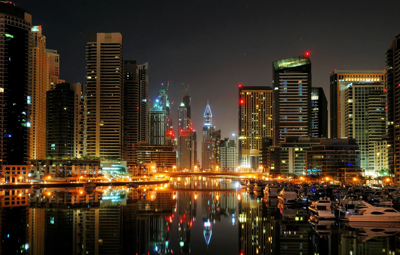 Photo wallpaper night, city, yacht, port, boat, Dubai, Dubai, skyscrapers