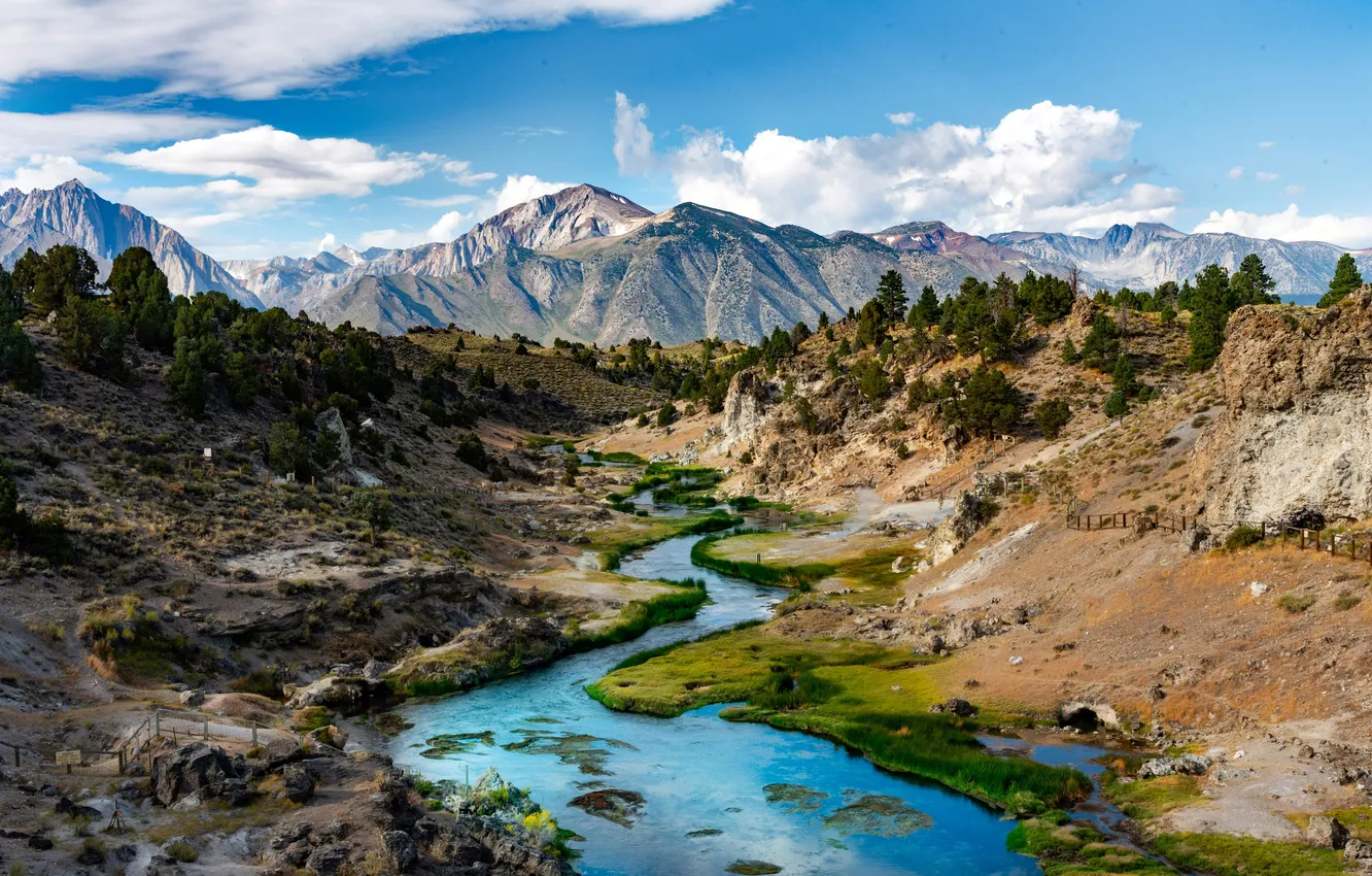 Photo wallpaper forest, clouds, mountains, river, space, CA, USA, USA
