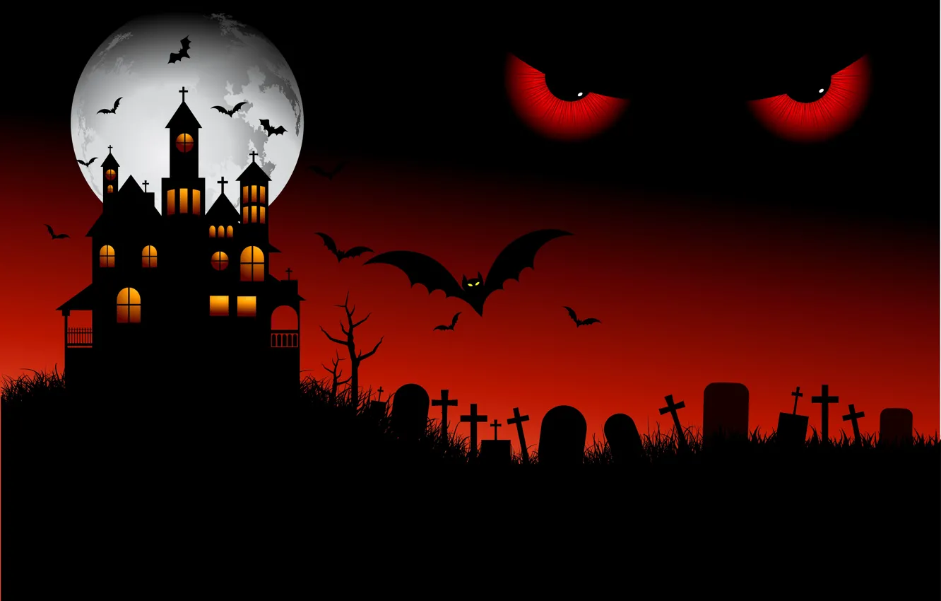 Photo wallpaper eyes, night, castle, the moon, cemetery, Halloween, Halloween, scary