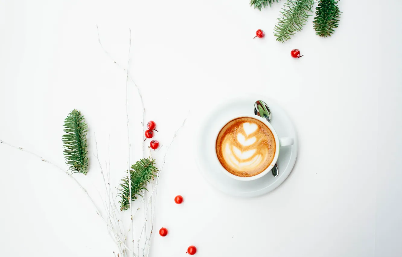 Photo wallpaper berries, tree, coffee, minimalism, cappuccino, foam, morning, coffee cup