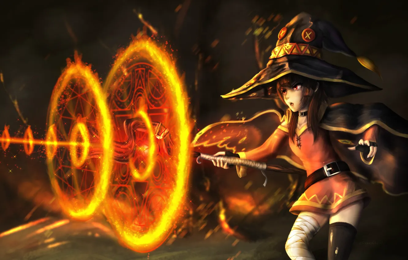 Photo wallpaper fire, flame, hat, anime, asian, manga, wizard, japanese