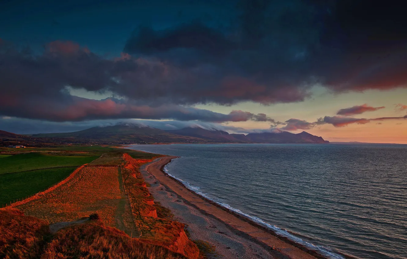 Photo wallpaper sea, field, the sky, sunset, mountains, clouds, shore