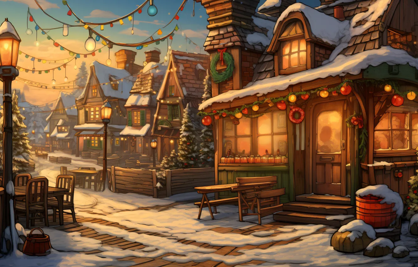 Photo wallpaper winter, snow, holiday, graphics, tree, new year, home, Christmas