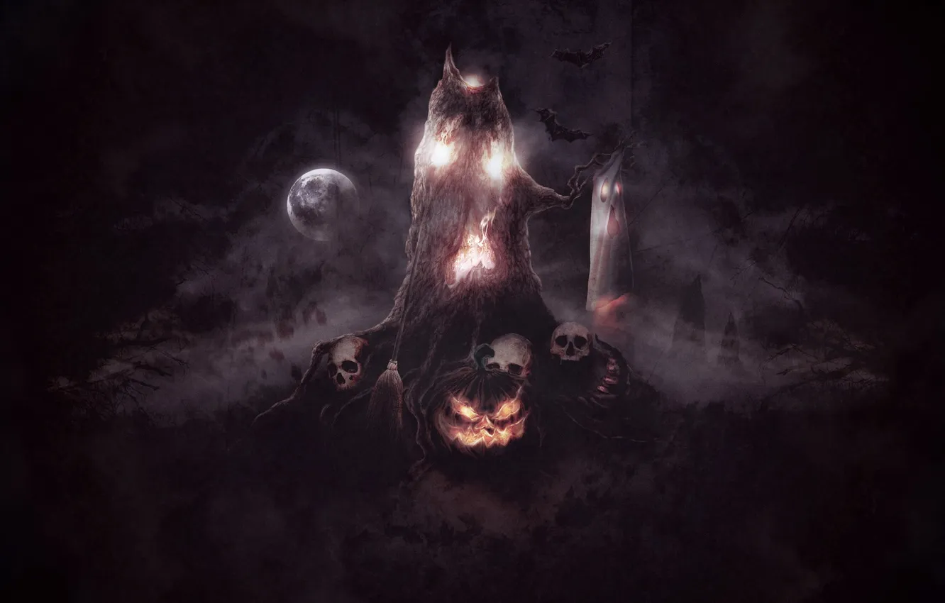 Photo wallpaper autumn, night, darkness, the moon, Ghost, pumpkin, Halloween
