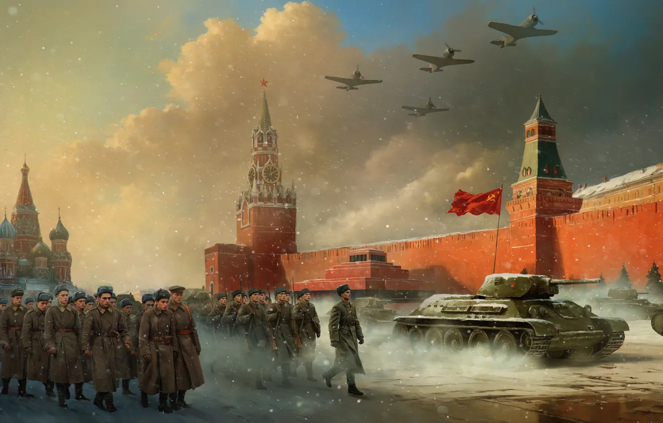 Photo wallpaper winter, art, soldiers, Moscow, The Kremlin, USSR, parade, WWII