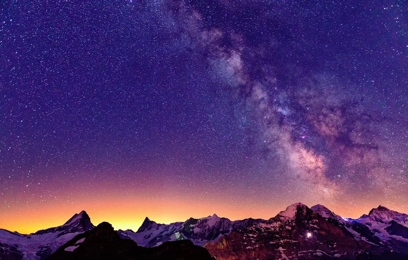 Photo wallpaper the sky, stars, light, mountains, night, Switzerland, Alps, the milky way