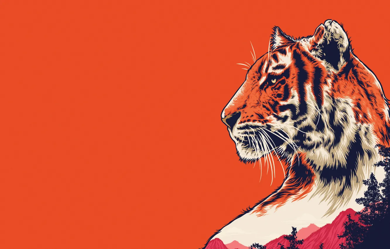 Photo wallpaper Color, Minimalism, Tiger, Cat, Style, Background, Predator, Art