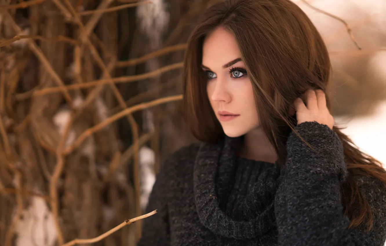 Photo wallpaper winter, girl, snow, trees, branches, pose, model, portrait