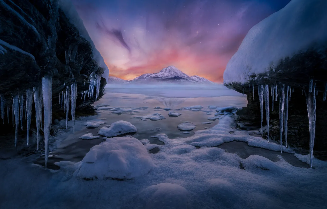 Photo wallpaper winter, the sky, clouds, snow, mountains, stones, rocks, shore