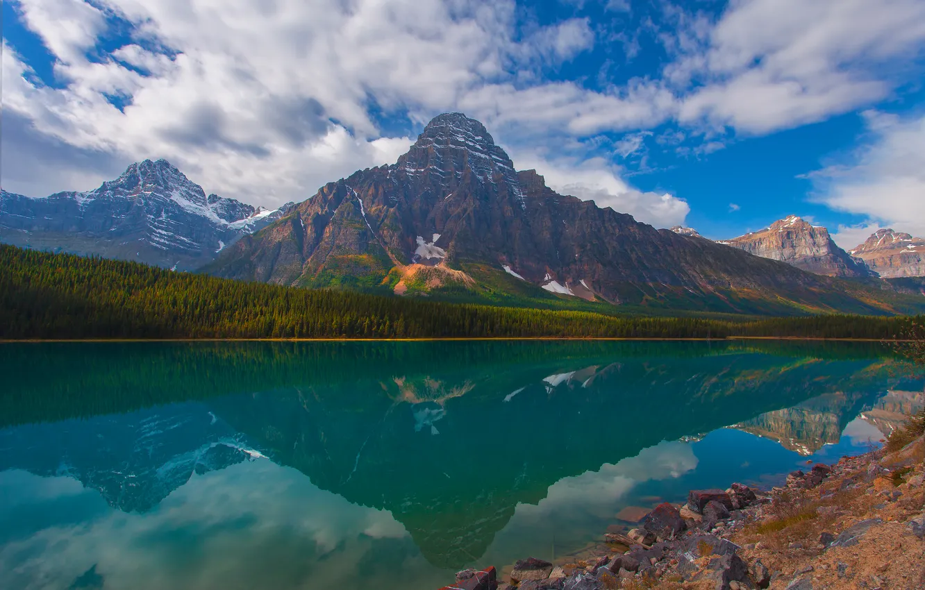 Photo wallpaper forest, the sky, trees, mountains, reflection, stones, Alberta, Canada