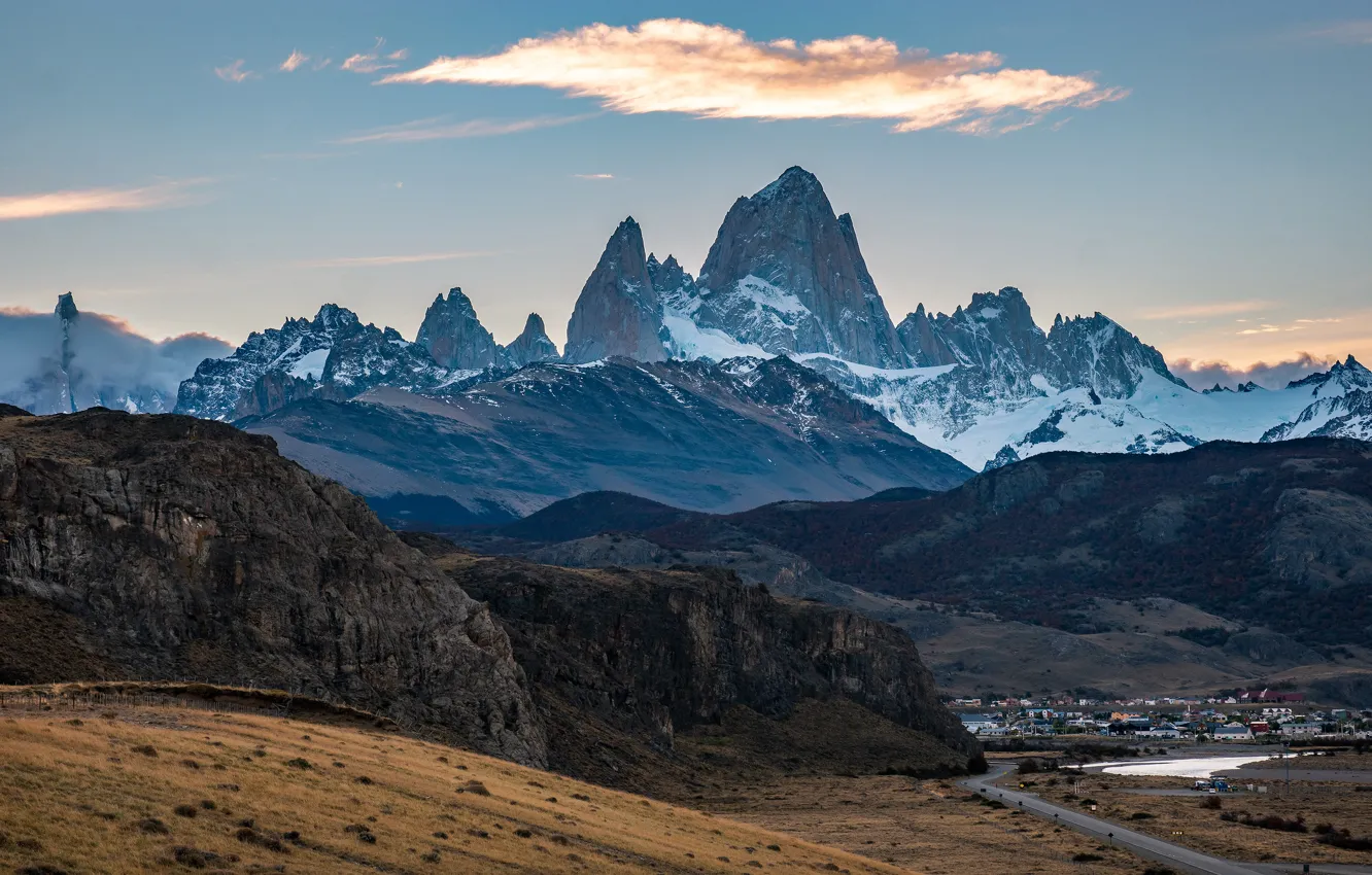 Photo wallpaper road, the sky, clouds, snow, mountains, rocks, blue, hills