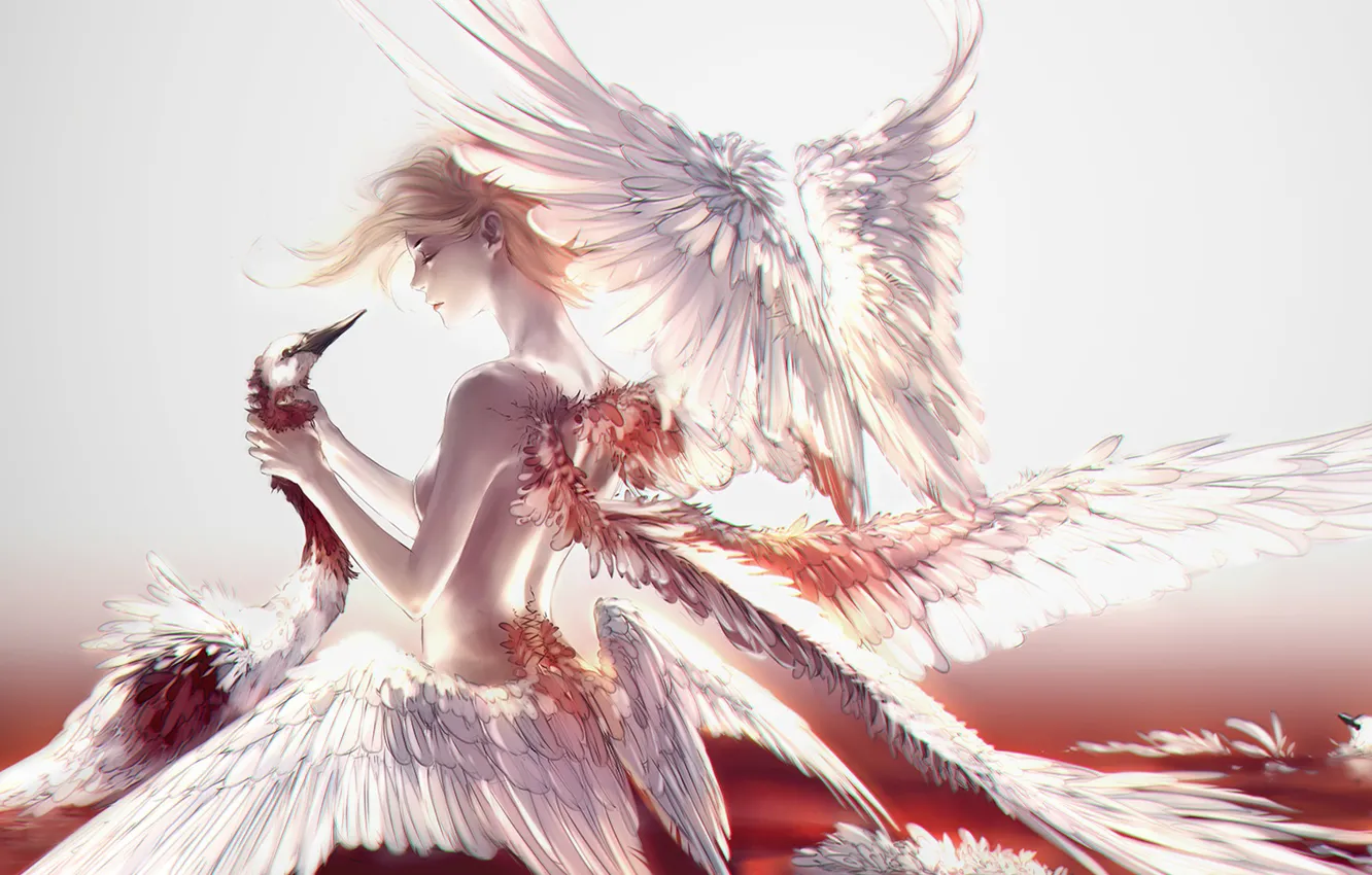 Photo wallpaper girl, blood, fantasy, swan, wings, feathers, birds, angel