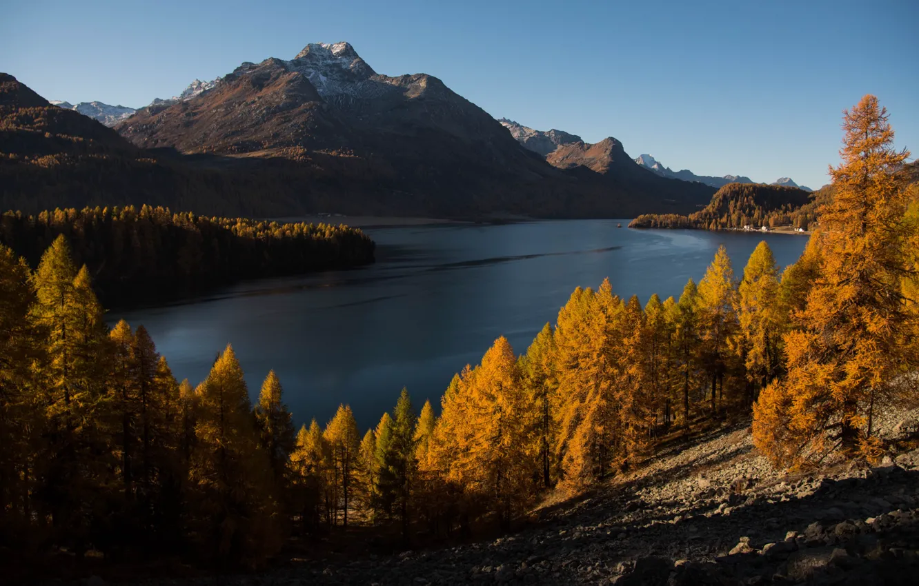 Photo wallpaper sky, trees, sea, nature, wood, water, autumn, mountain
