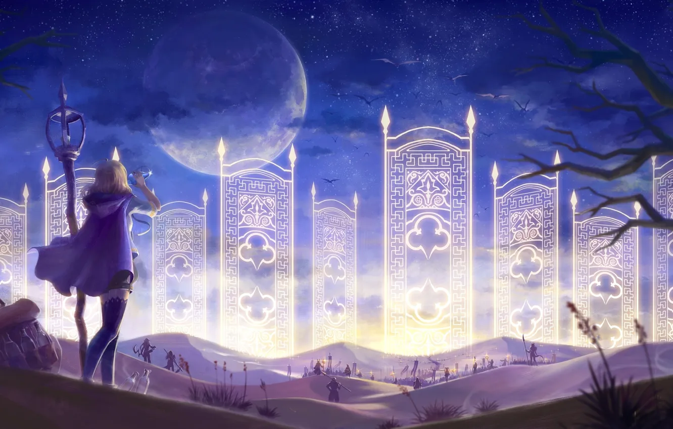 Photo wallpaper girl, trees, night, magic, pattern, the moon, bottle, army