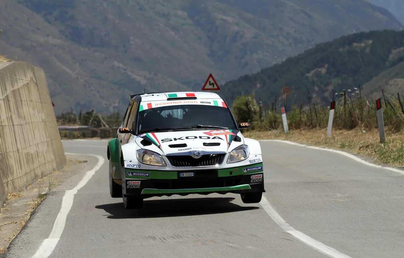 Photo wallpaper road, white, asphalt, the front, Rally, Skoda, Fabia, Umberto