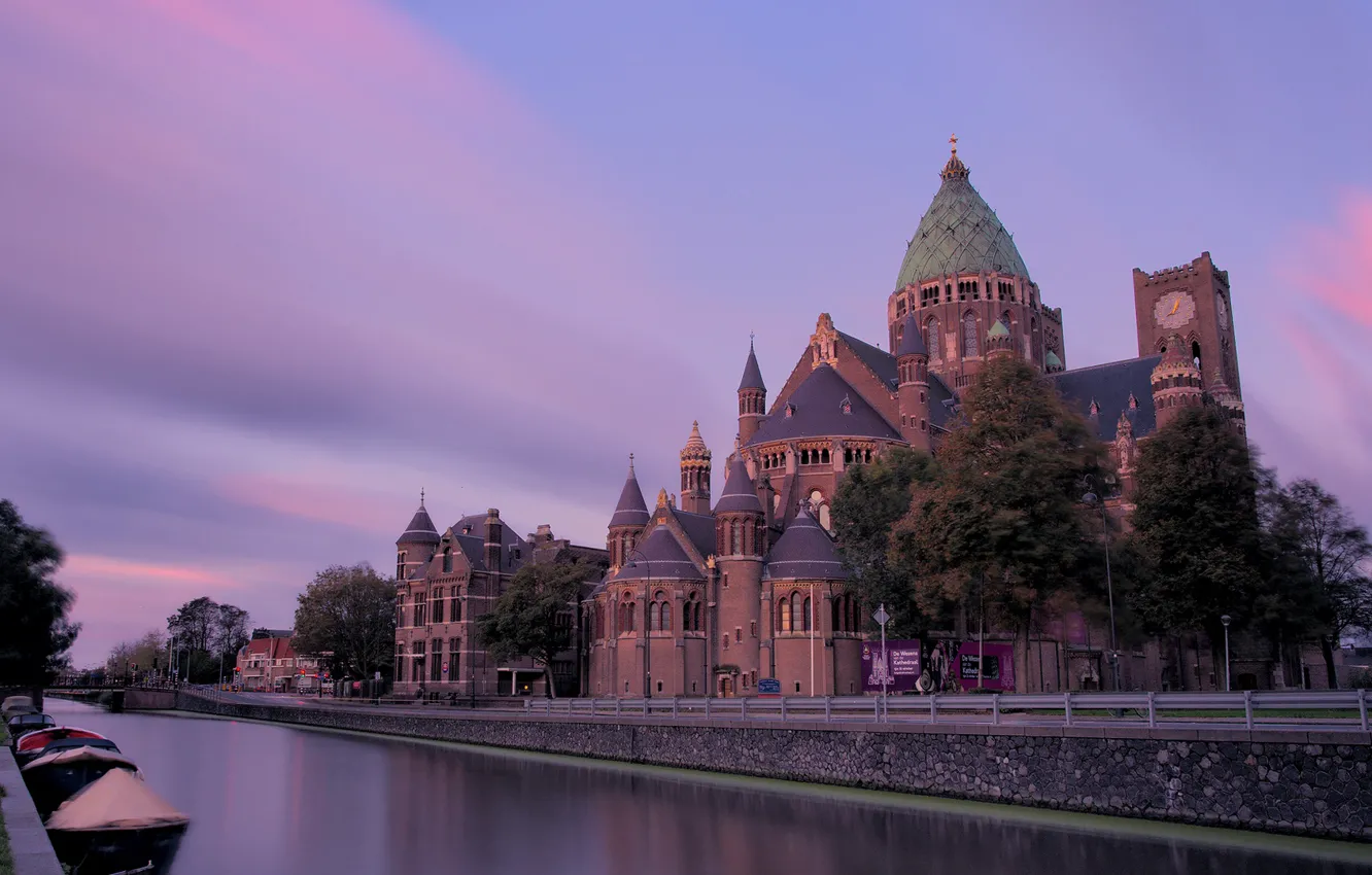 Photo wallpaper boat, Church, channel, Netherlands, architecture, Netherlands, Haarlem, Haarlem