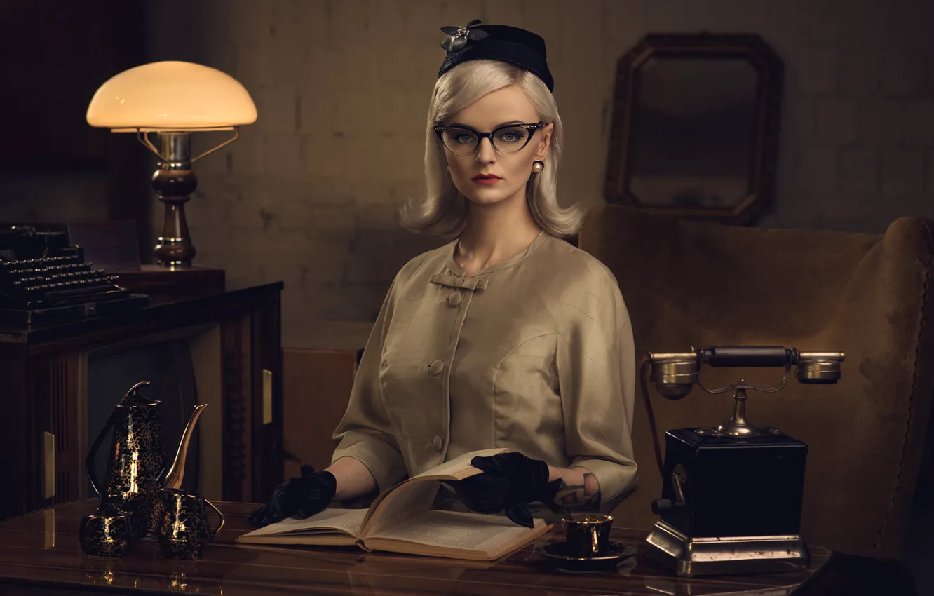Photo wallpaper girl, retro, table, lamp, glasses, blonde, Cup, gloves