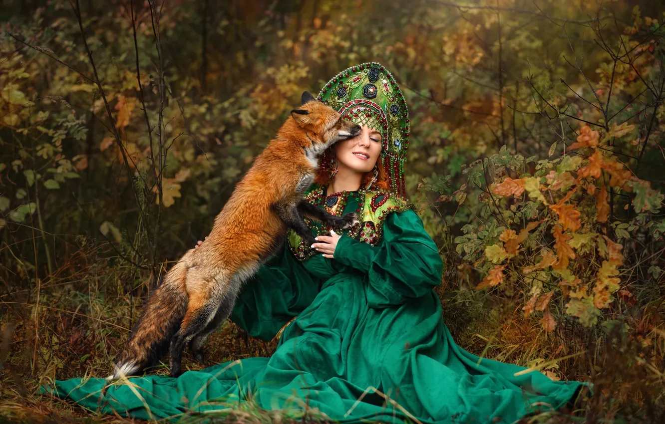 Photo wallpaper autumn, forest, girl, nature, pose, style, Fox, costume
