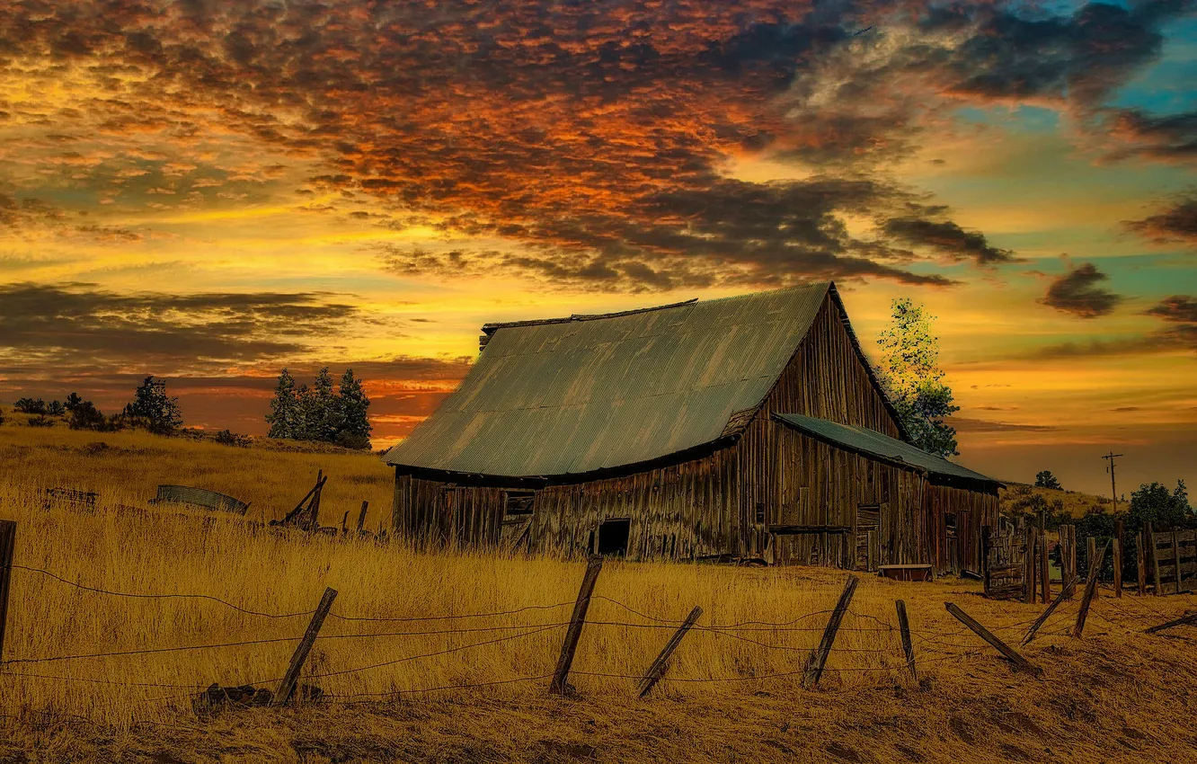 Photo wallpaper field, grass, clouds, sunset, the fence, home, the evening, sunset sky