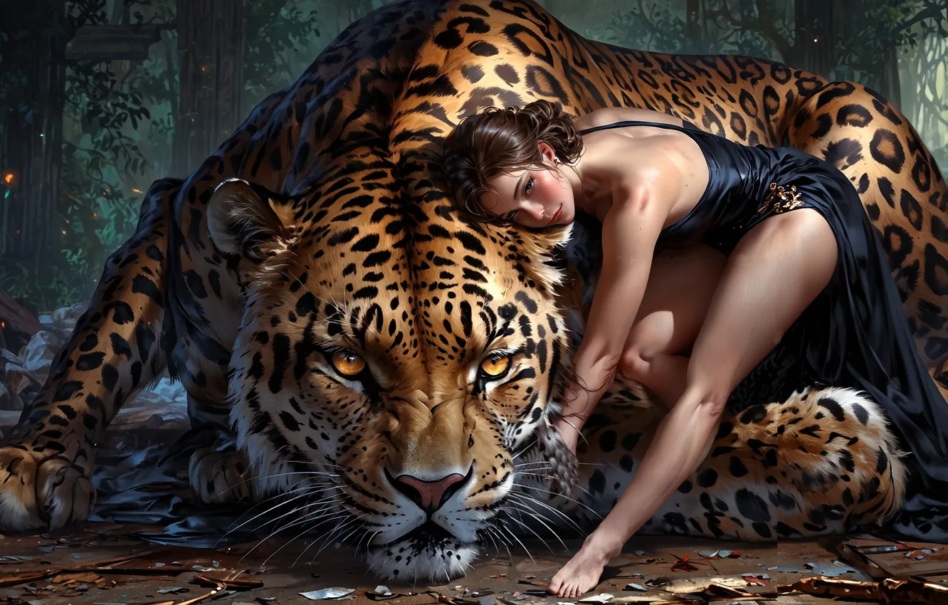 Photo wallpaper girl, tiger, fantasy