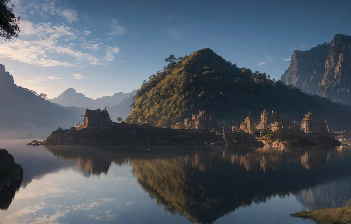 Photo wallpaper city, sky, landscape, nature, art, lake, painting, digital art