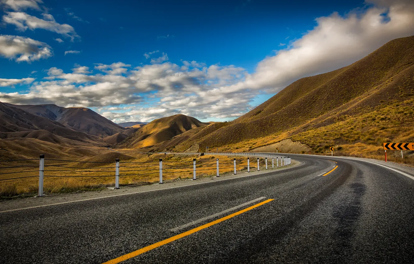 Photo wallpaper road, clouds, mountains, the fence, New Zealand, Board, road, New Zealand
