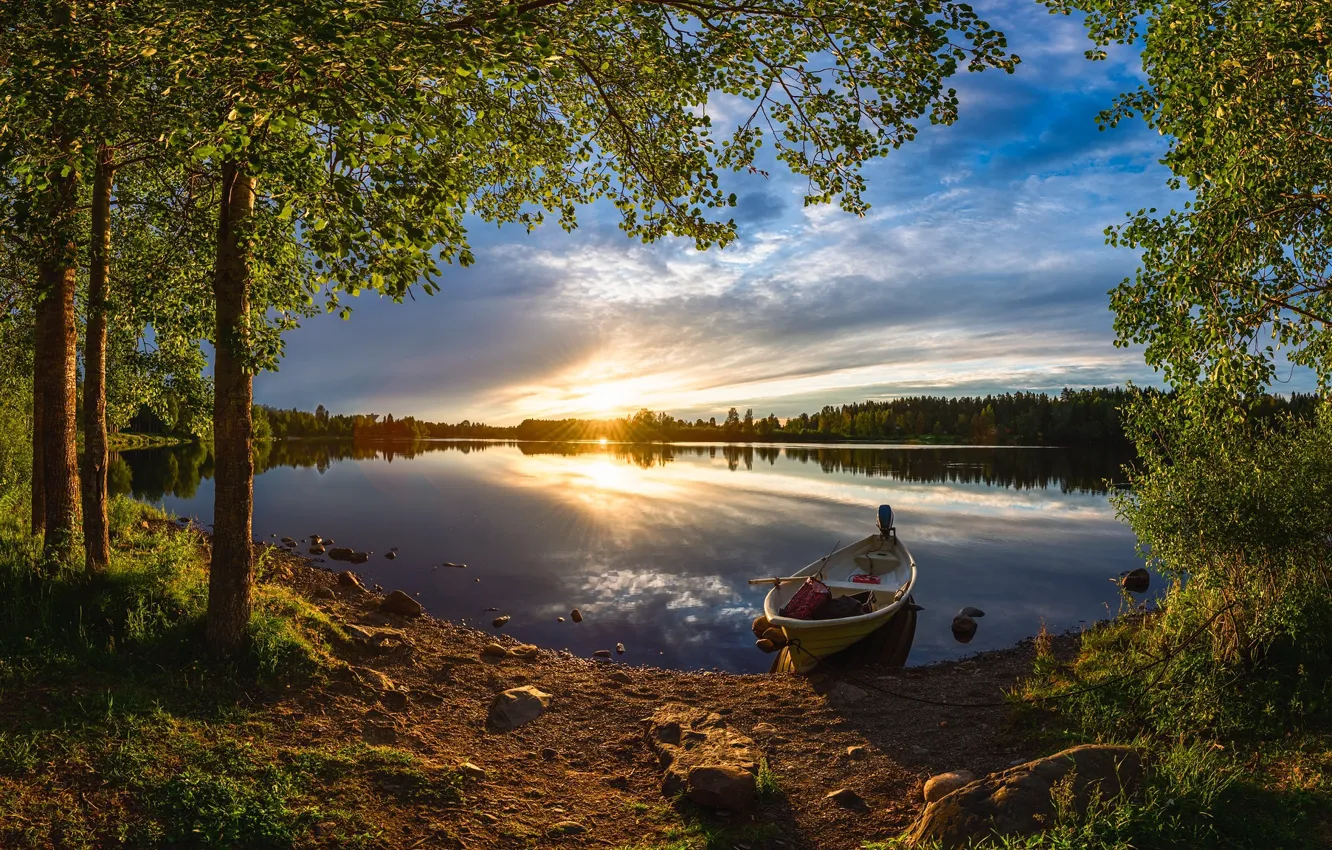 Photo wallpaper sunset, shore, boat, pond