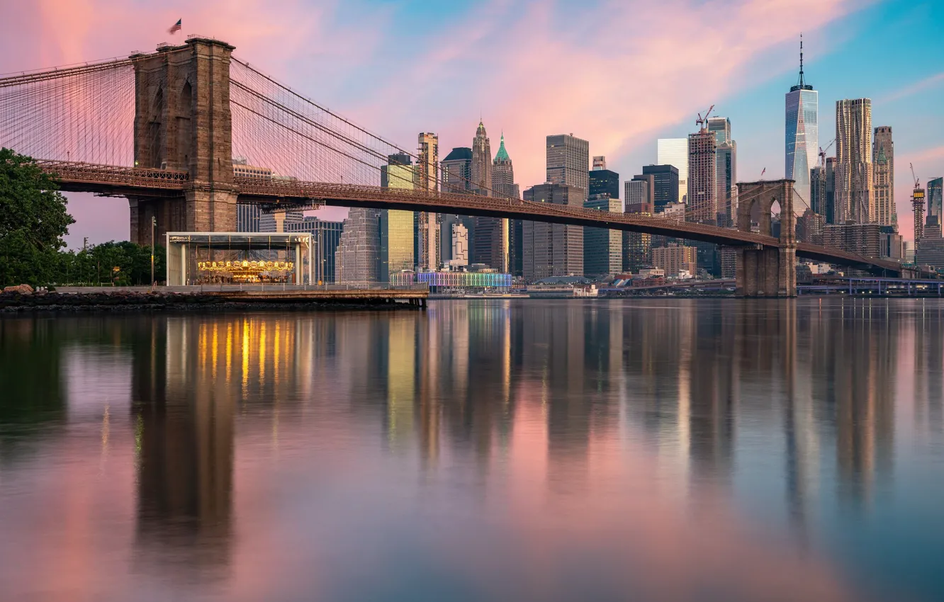 Photo wallpaper the sky, water, bridge, building, New York, Manhattan