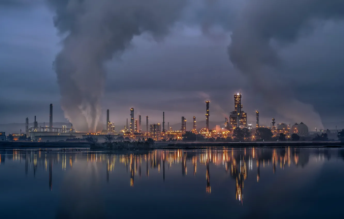 Photo wallpaper night, river, plant, pipe