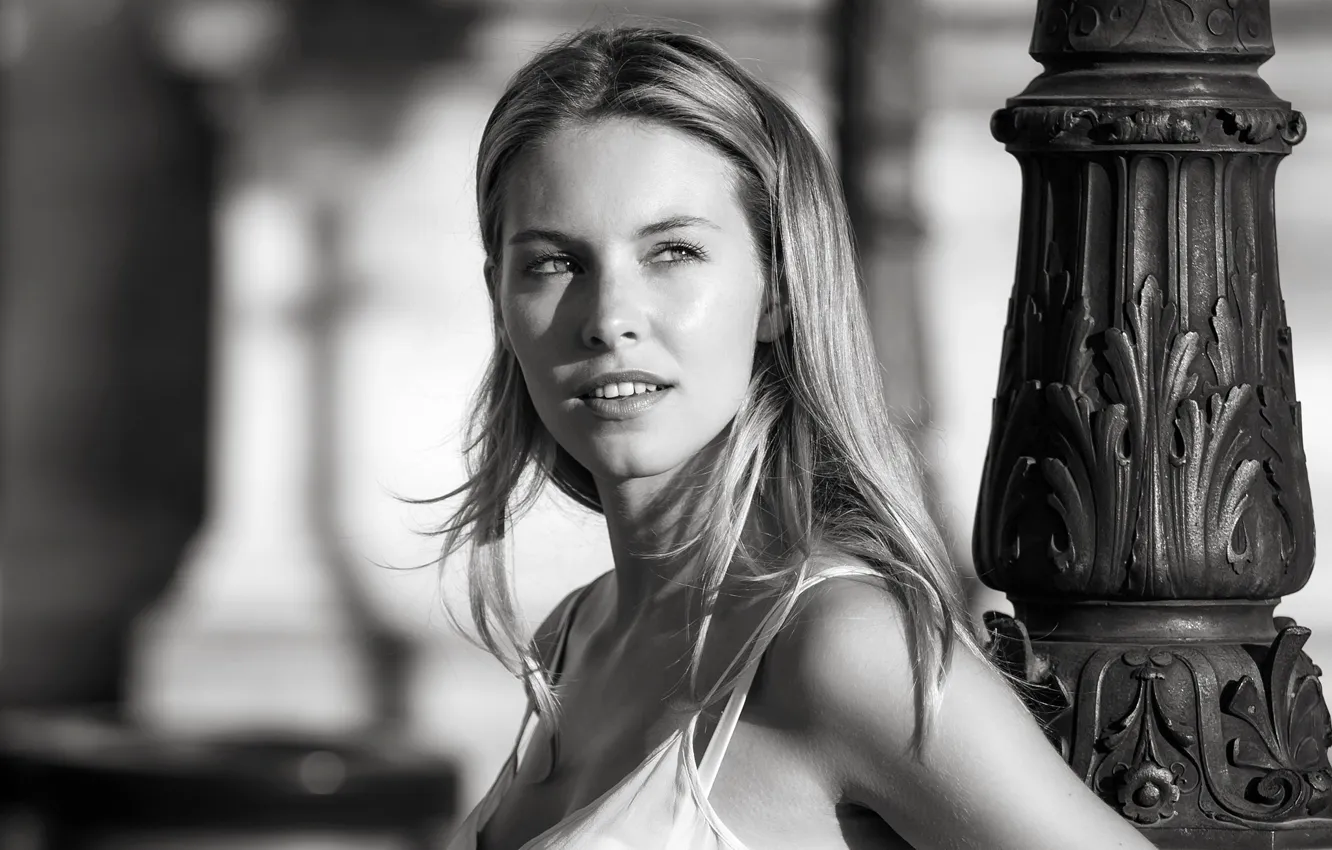 Photo wallpaper model, portrait, makeup, hairstyle, blonde, black and white, beauty, bokeh
