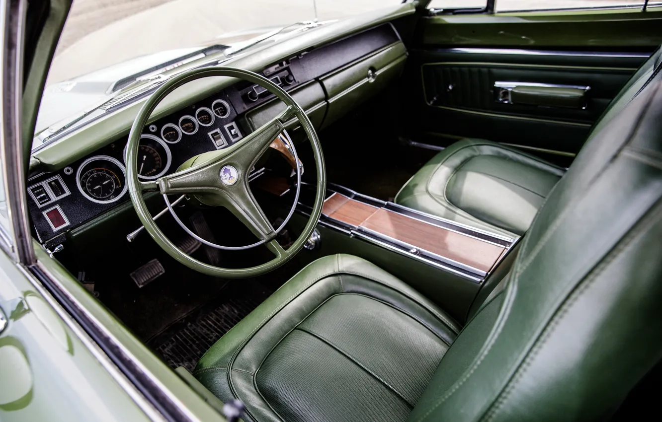 Photo wallpaper green, 1970, Plymouth, Road Runner, Car Interior, Plymouth Road Runner 440+6 Hardtop Coupe