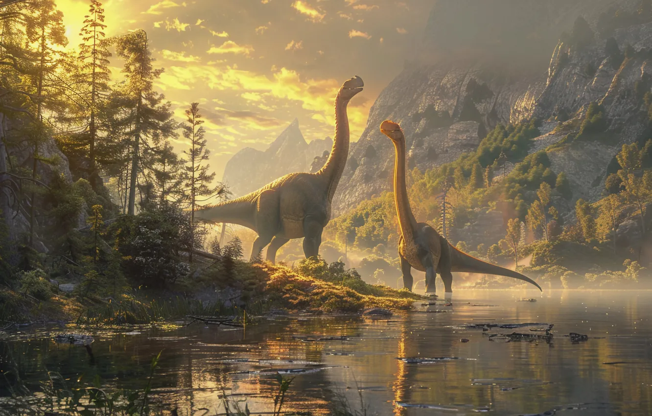 Photo wallpaper mountains, river, animal, dawn, dinosaur, two, digital art, Ancient animals