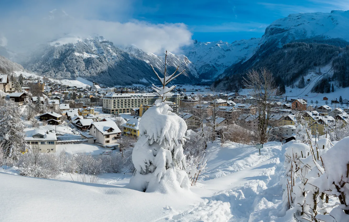 Photo wallpaper winter, snow, landscape, mountains, nature, village, home, Switzerland