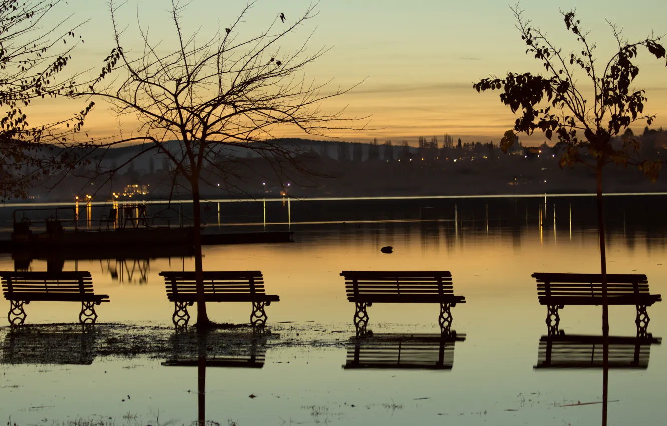 Photo wallpaper sunset, nature, lake, nature, sunset, lake, evening, bench