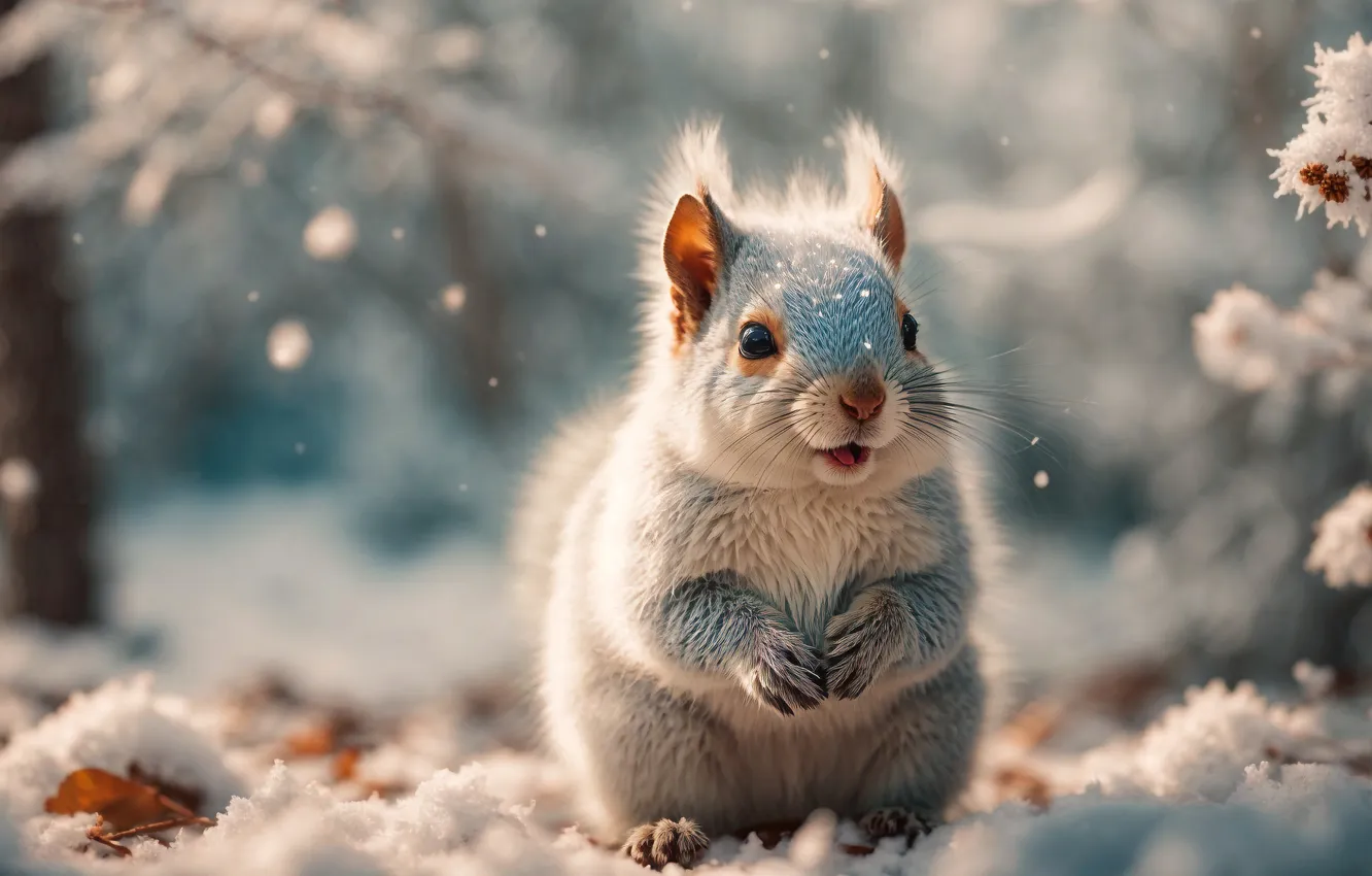 Photo wallpaper animals, winter, snow, squirrel