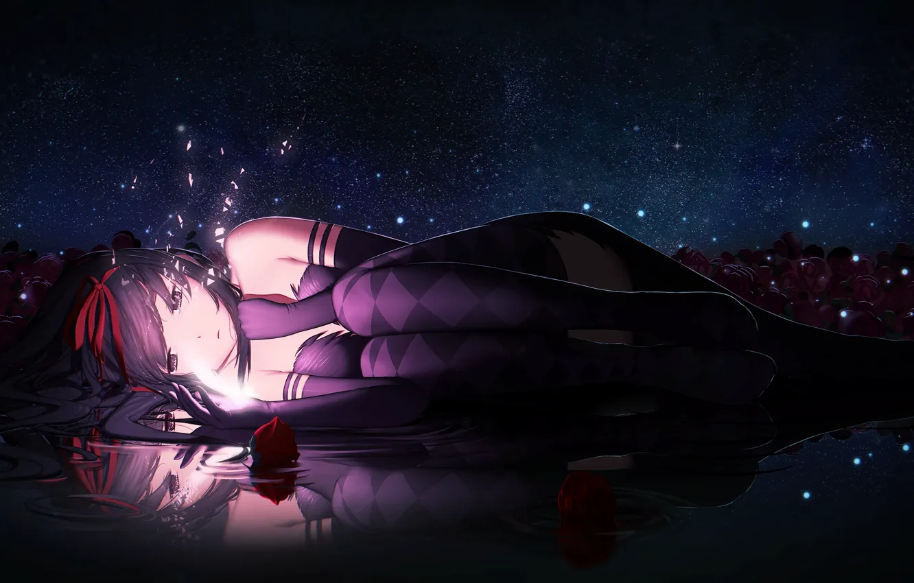 Photo wallpaper flower, water, girl, stars, night, reflection, rose, anime