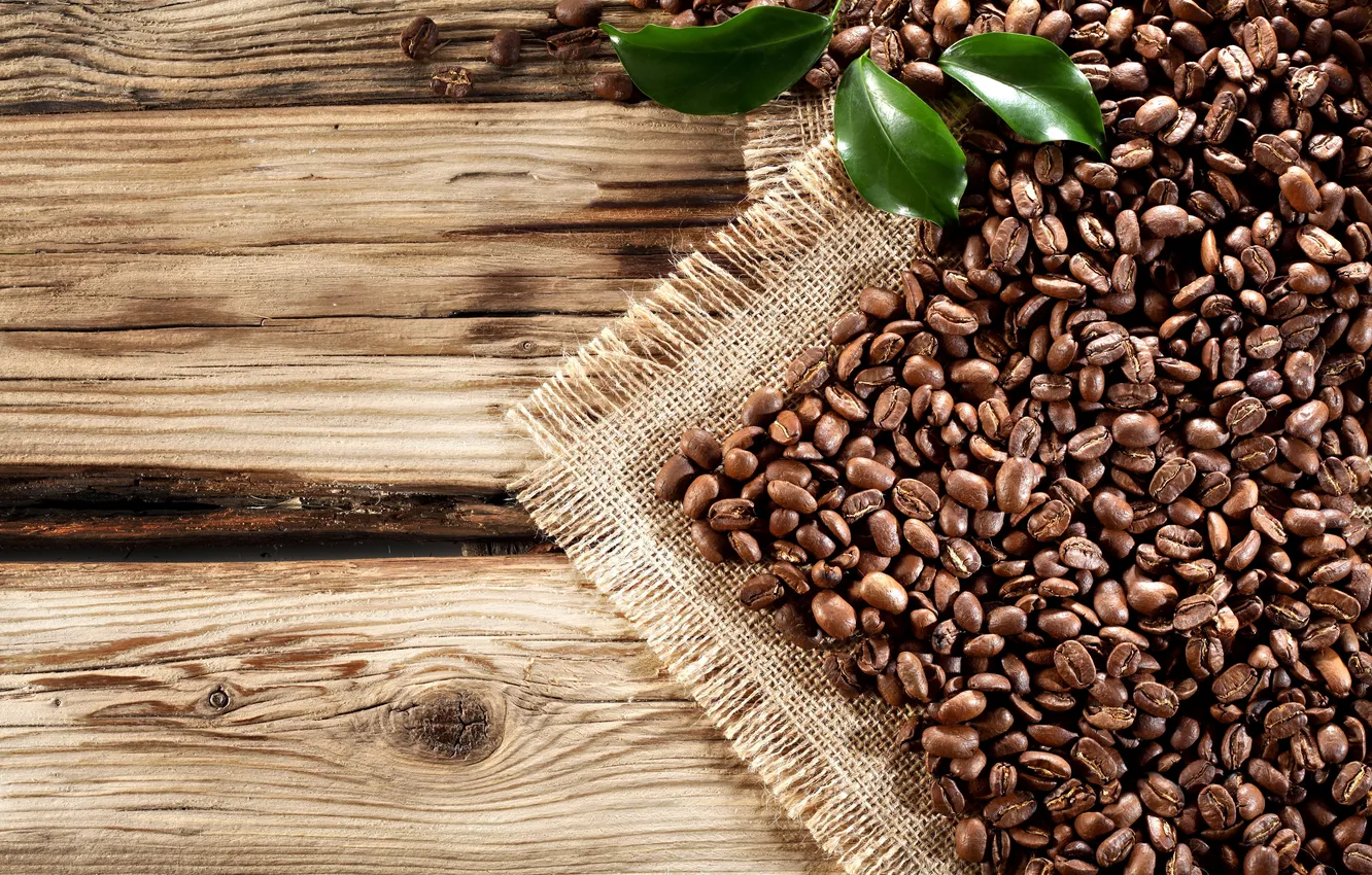 Photo wallpaper coffee, grain, wood, leaves, beans, coffee, cloth