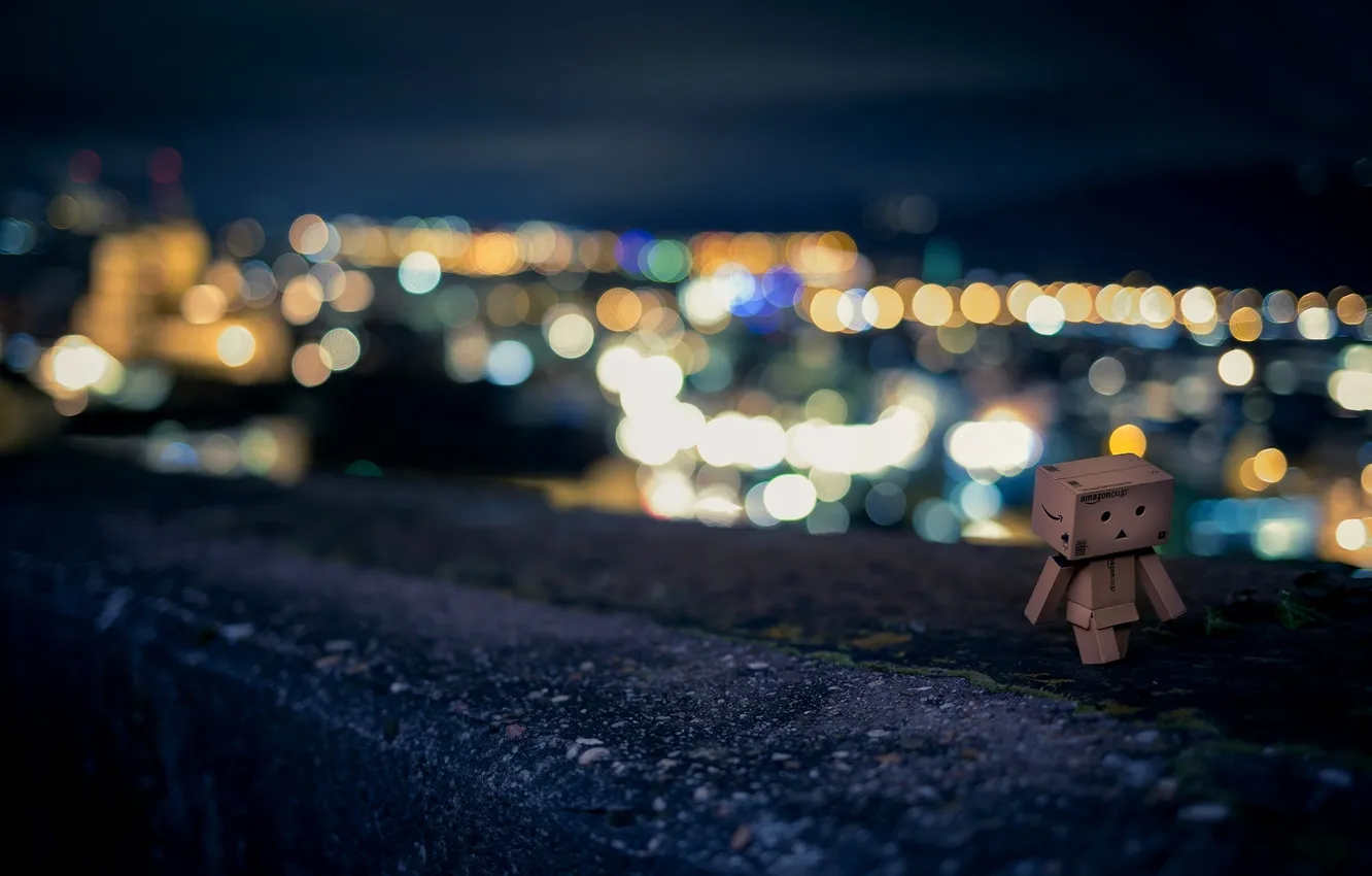 Photo wallpaper road, night, the city, lights, box, border, colorful, danbo