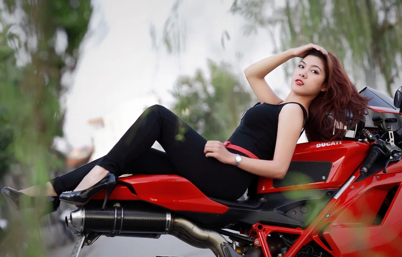 Photo wallpaper girl, motorcycle, Ducati