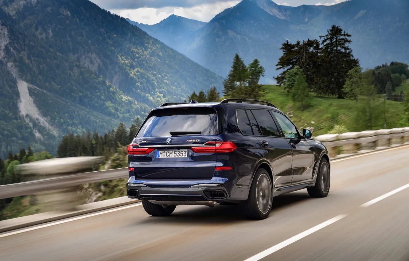 Photo wallpaper BMW, mountain road, crossover, SUV, 2020, BMW X7, M50i, X7