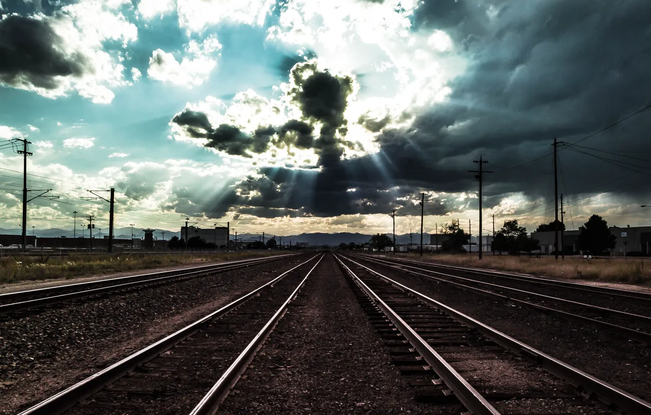 Photo wallpaper Dark, light, Clouds, sun, Denver, Colorado, railroad, State