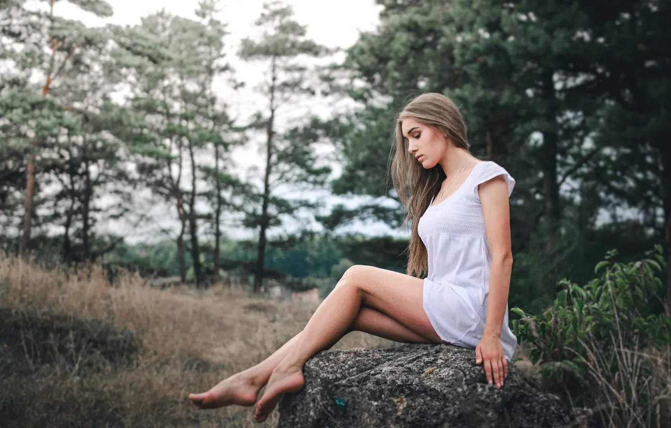 Photo wallpaper field, forest, girl, stones, sweetheart, model, thicket, dress