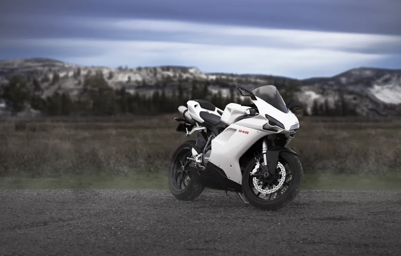 Photo wallpaper white, the sky, clouds, mountains, motorcycle, white, bike, ducati
