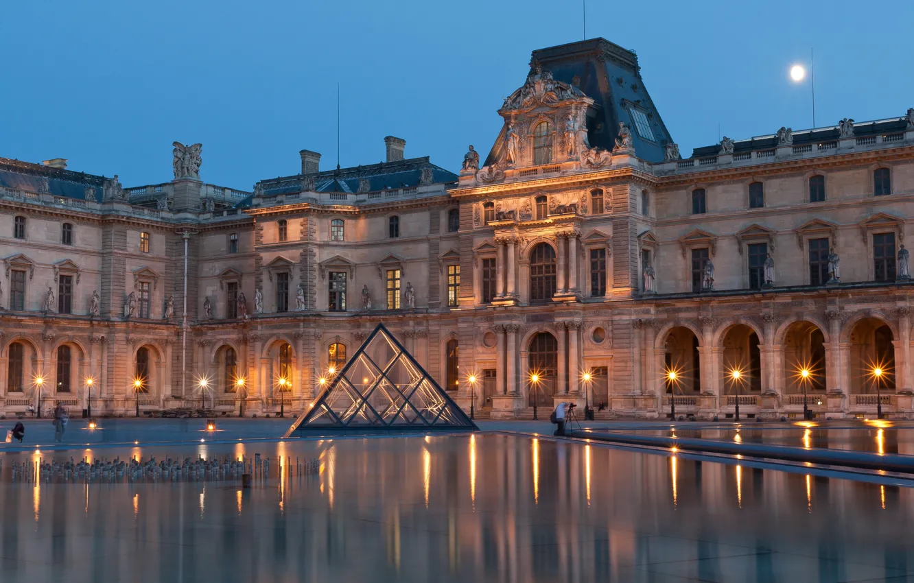 Photo wallpaper France, The evening, Museum, House, Street lights, City photo, Louvre Museum
