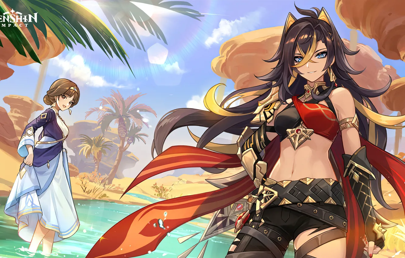 Photo wallpaper the sun, mountains, palm trees, desert, oasis, Genshin Impact, Dehya, best character