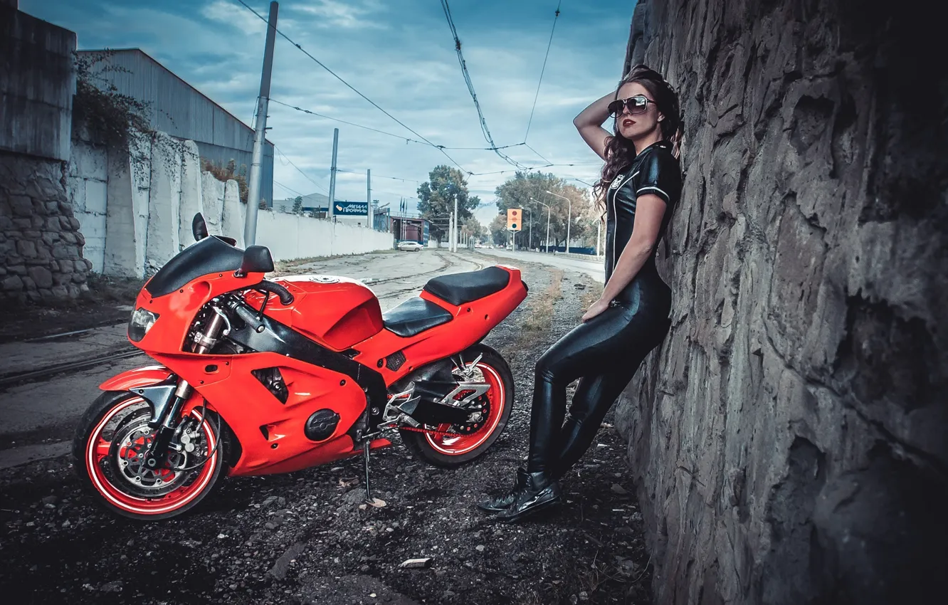 Photo wallpaper red, girl, sky, view, model, hair, Wheels, Brake