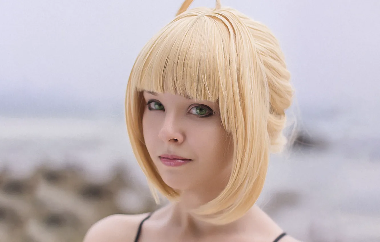 Photo wallpaper girl, sexy, green eyes, saber, beautiful, short hair, pretty, cosplay