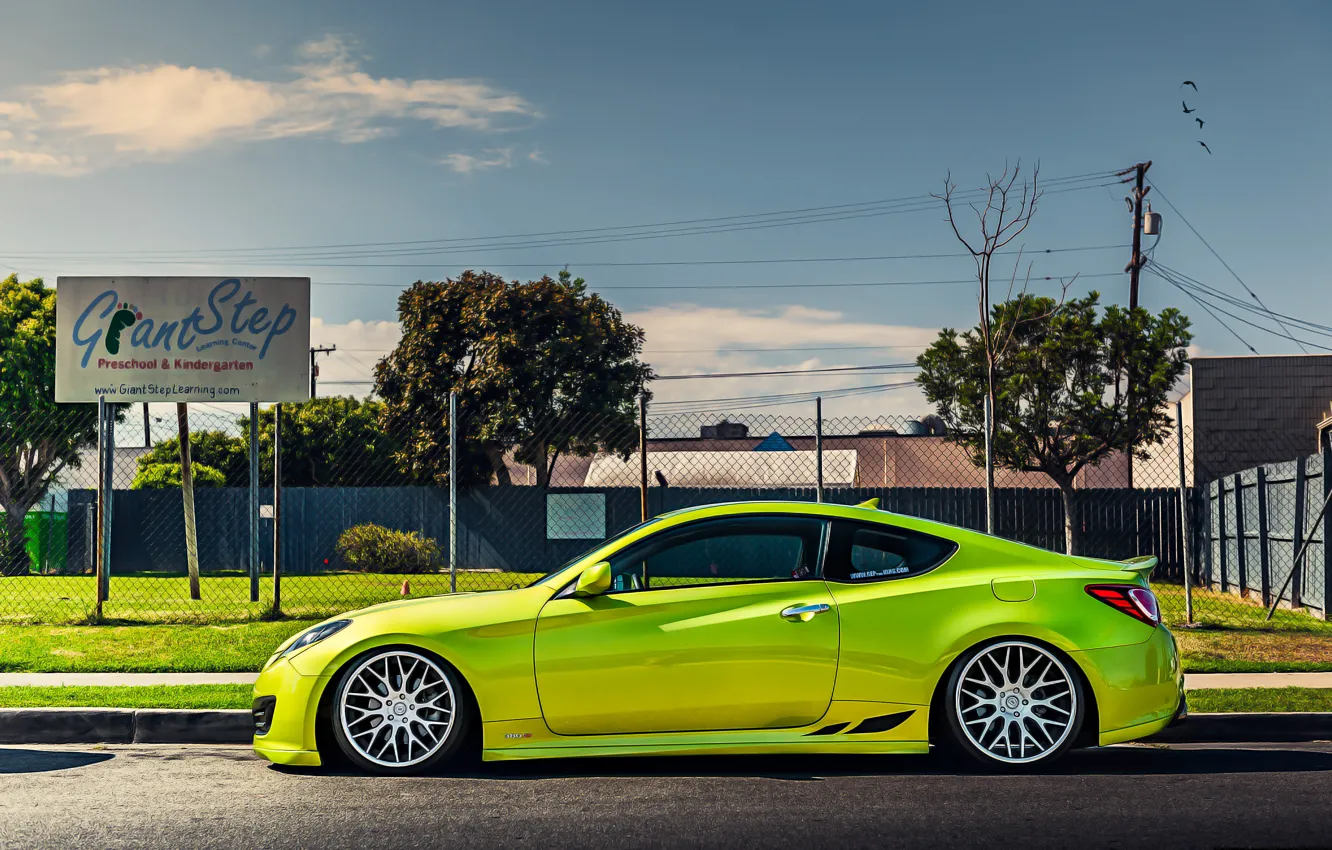 Photo wallpaper green, green, coupe, tuning, hyundai, Hyundai, stance, genesis